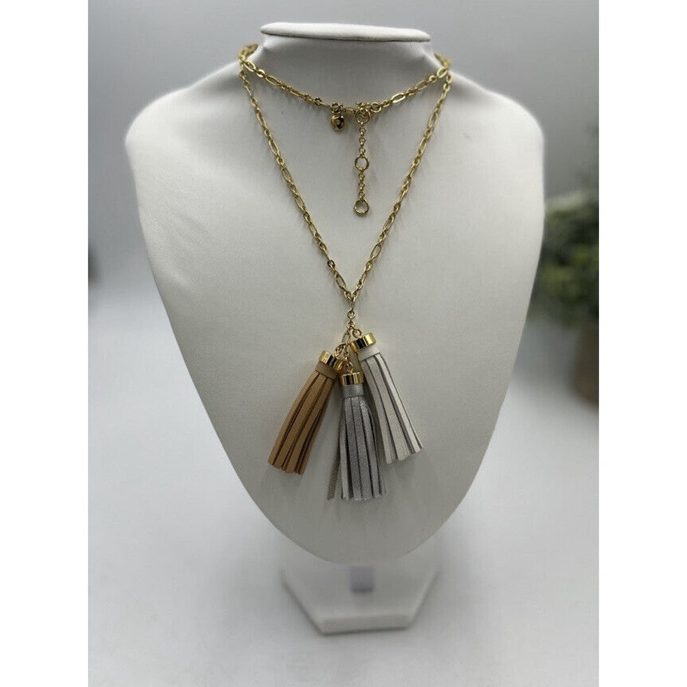 J. Crew Goldtone Triple Leather Tassel Pendant Long Chain Necklace 30”